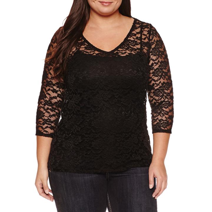 Boutique + 3/4 Sleeve V Neck Nylon Blouse-plus