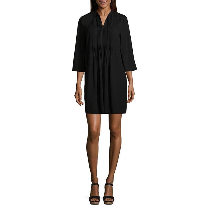 A.n.a Ana Notch Neck Pintuck Dress Long Sleeve Shift Dress
