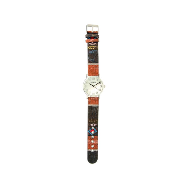 Olivia Pratt Womens Silver-tone Faux Mop Dial Orange-brown Patterned Fabric Strap Watch 10352tr