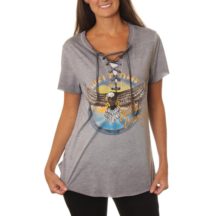 Freeze Juniors' Welcome To Outlaw Country Eaglelace-up Washed Short Sleeve Graphic T-shirt