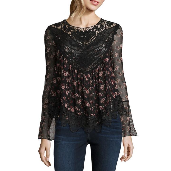 Self Esteem Long Sleeve Round Neck Mesh Blouse-juniors