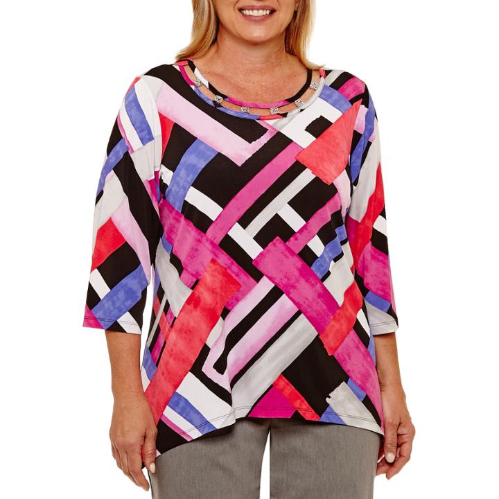 Alfred Dunner Closet Case 3/4 Sleeve Plaid T-shirt-womens Plus