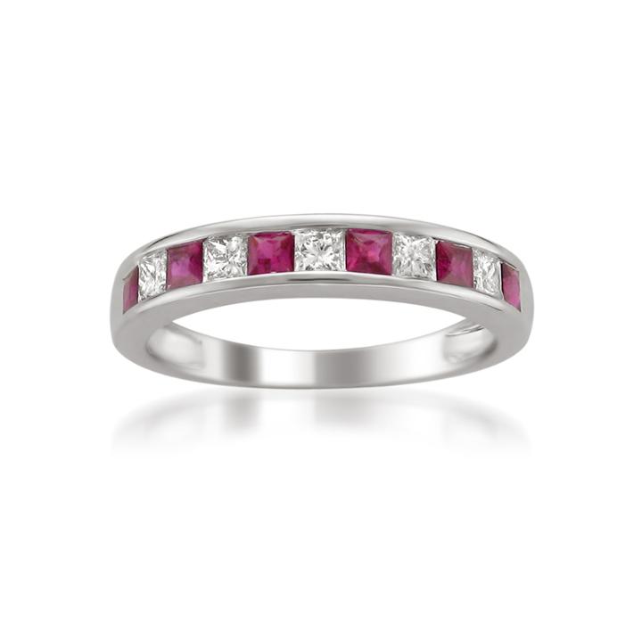 Womens 3/8 Ct. T.w. Diamond And Red Lead Glass-filled Ruby Wedding Band In 14k White Gold
