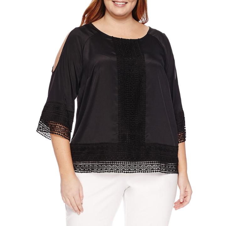 Worthington 3/4 Sleeve Cold Shoulder Lace Inset Blouse - Plus