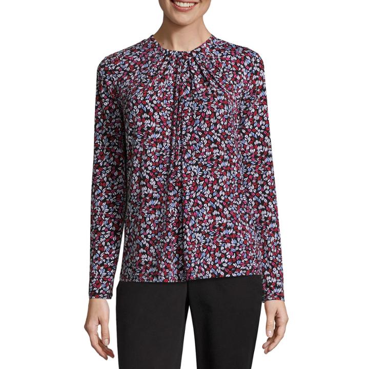 Liz Claiborne Long Sleeve Twist Neck Floral Top