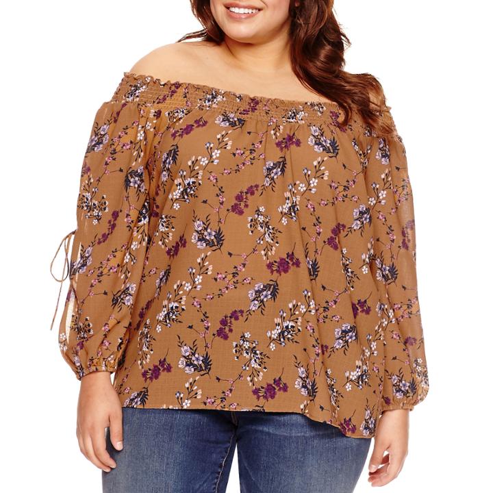 Boutique + Long Sleeve Floral Peasant Top Plus