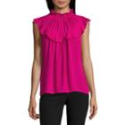 Worthington Short Sleeve Keyhole Neck Ruffle Blouse-petites