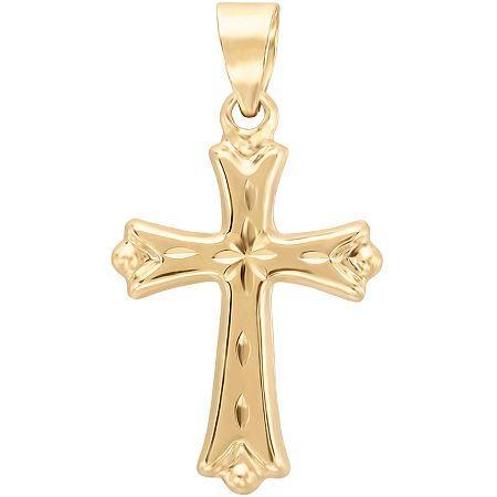 14k Yellow Gold Star-detail Curved Edge Cross Charm