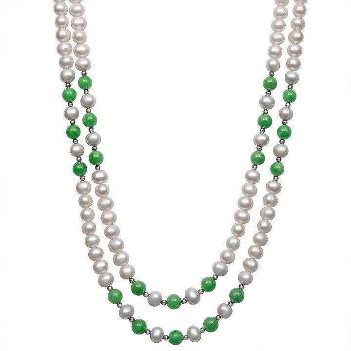 Womens 7mm Green Jade Cultured Freshwater Pearls Round Strand Necklace