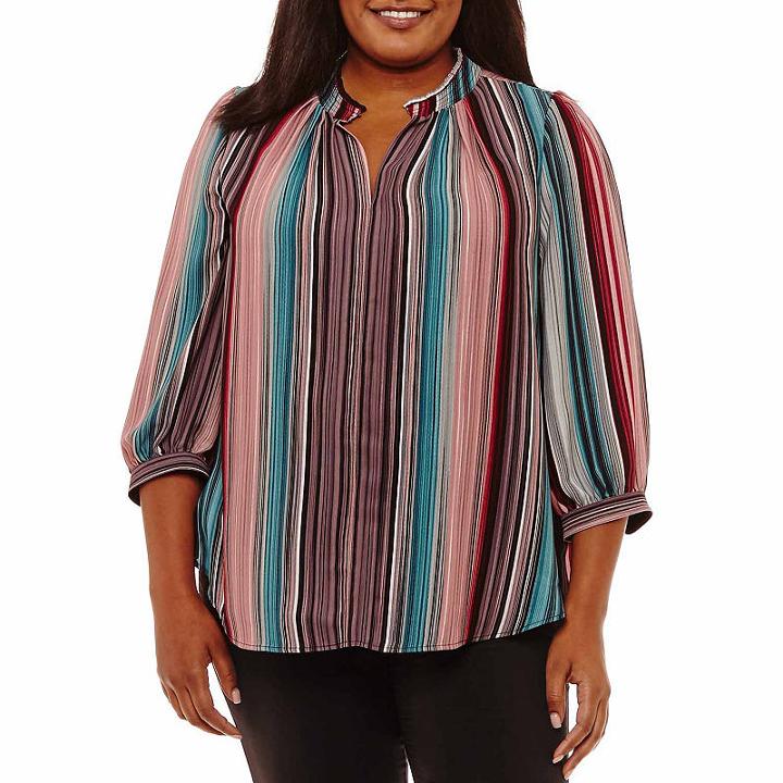 Worthington 3/4 Sleeve Crew Neck Woven Blouse - Plus