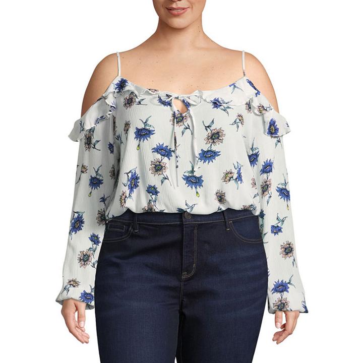 Arizona Long Sleeve Straight Neck Woven Blouse-juniors Plus