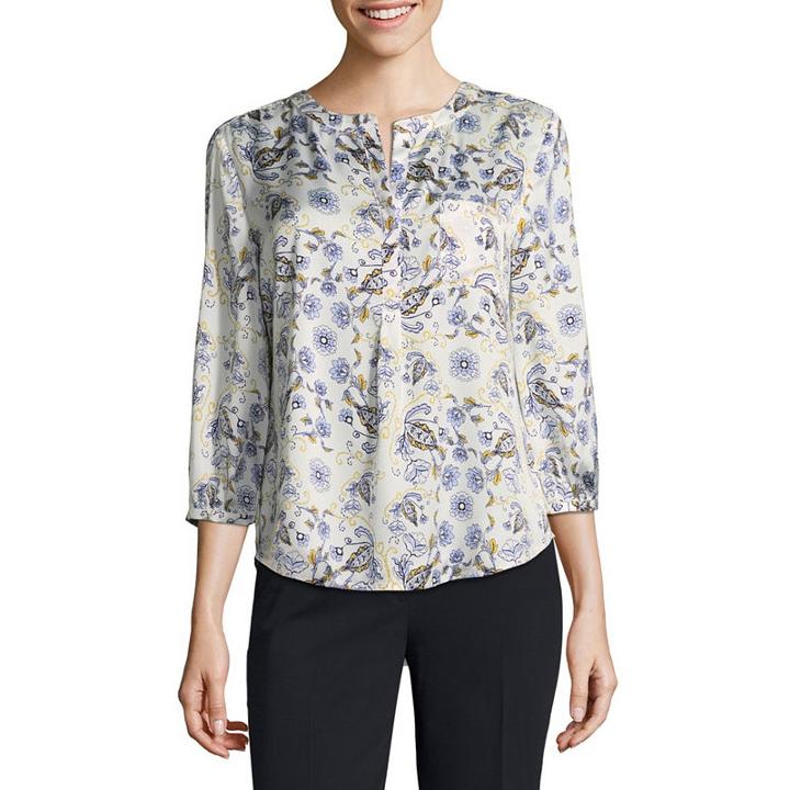 Liz Claiborne 3/4 Sleeve Y Neck Woven Blouse-petites