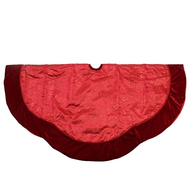 48 Red Glittered Swirl Christmas Tree Skirt With Velveteen Trim