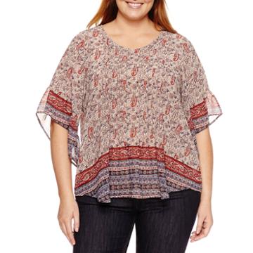One World Apparel 3/4 Sleeve V Neck Woven Blouse-plus
