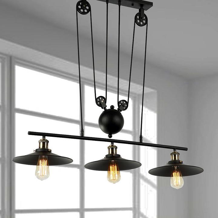 Chorne 3-light Pulley Adjust Black Chandelier Edison Bulbs Included