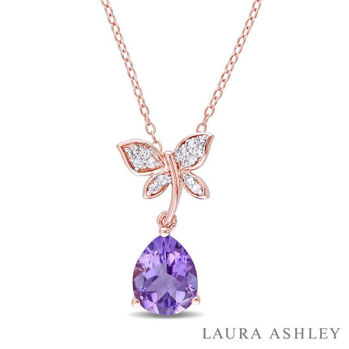 Laura Ashley Womens Genuine Purple Amethyst Butterfly Pendant Necklace