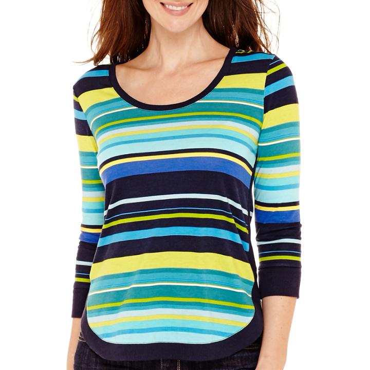 Liz Claiborne 3/4-sleeve Striped Ribbed-hem T-shirt