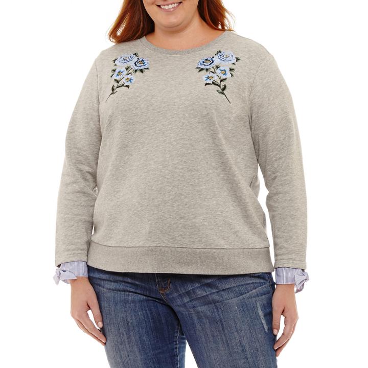 St. John's Bay Long Sleeve Sweatshirt With Woven Cuff-plus