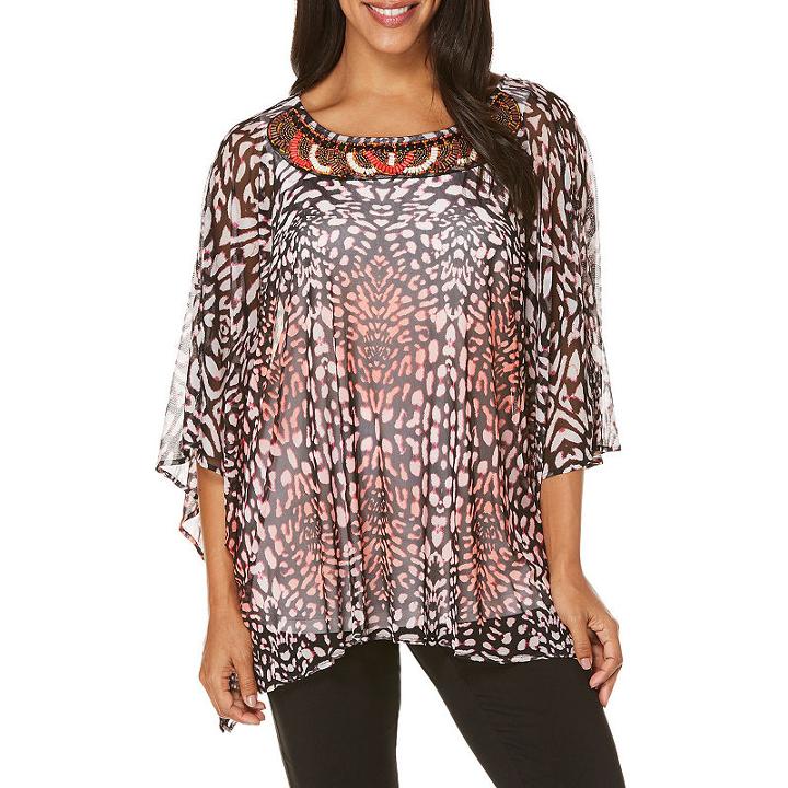 Rafaella Short Sleeve Crew Neck Mesh Embellished Blouse