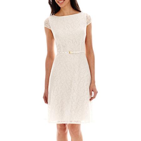 Black Label By Evan-picone Cap-sleeve Belted Lace Fit-and-flare Dress