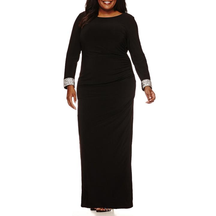 Blu Sage Long-sleeve Draped Back Jewel-cuff Gown - Plus