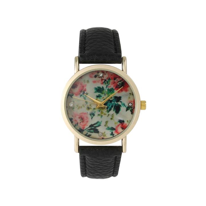 Olivia Pratt Womens Floral Rhinestone Accent Dial Black Leather Watch 14977