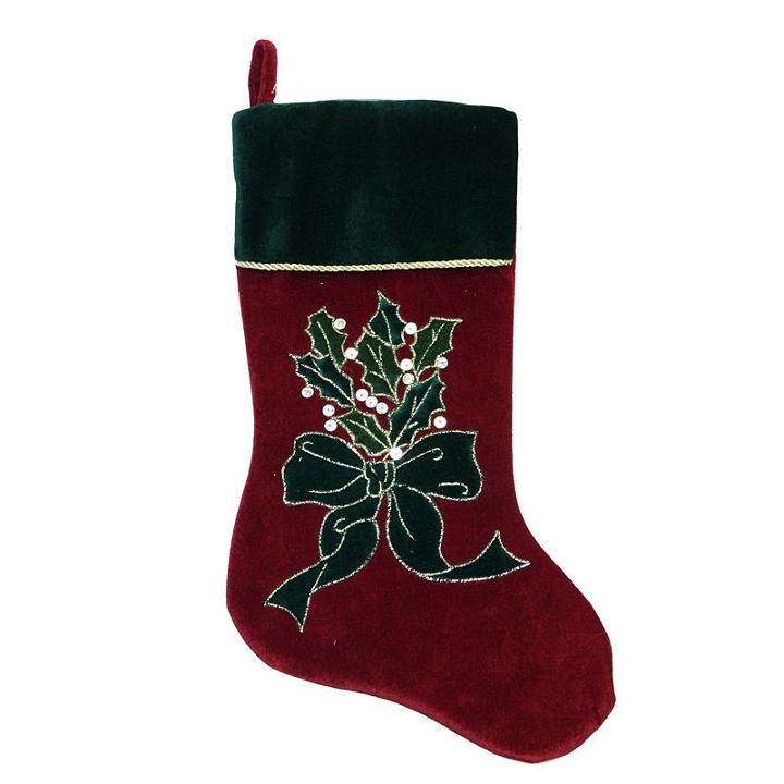 20 Burgundy Red And Dark Green Velveteen Christmas Stocking With Bow And Holly Berry