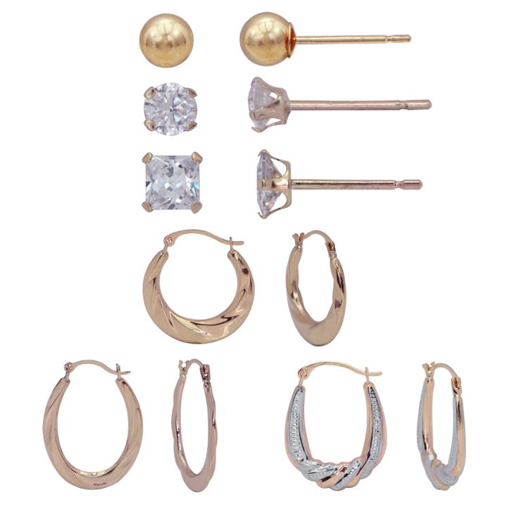 6 Pair White Cubic Zirconia 10k Gold Earring Sets