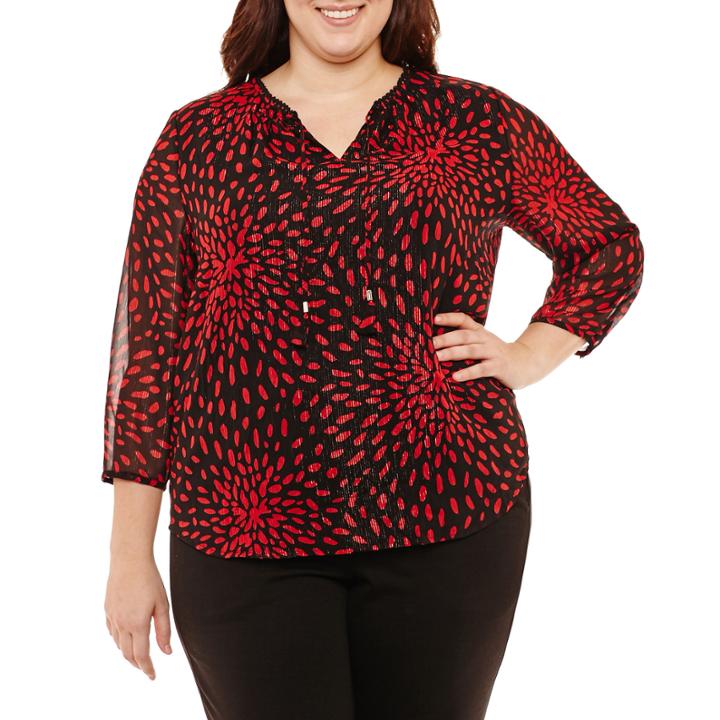 Liz Claiborne 3/4 Sleeve Ruffle Neck Tie Blouse-plus