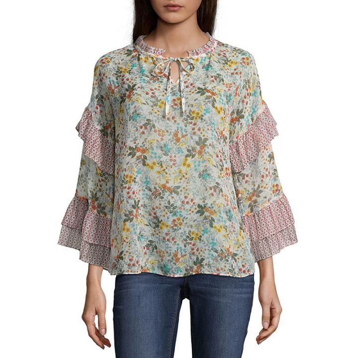 A.n.a Long Sleeve Split Crew Neck Woven Blouse