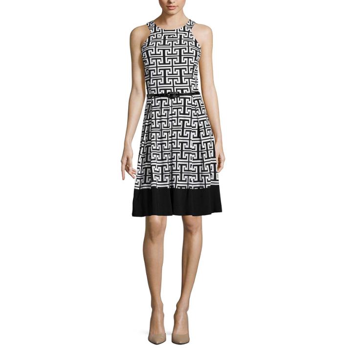 Tiana B. Sleeveless Greek Key Belted Fit-and-flare Dress