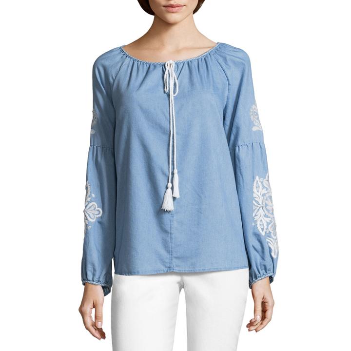 John Paul Richard Embroidered Sleeve Tassel Peasant Top