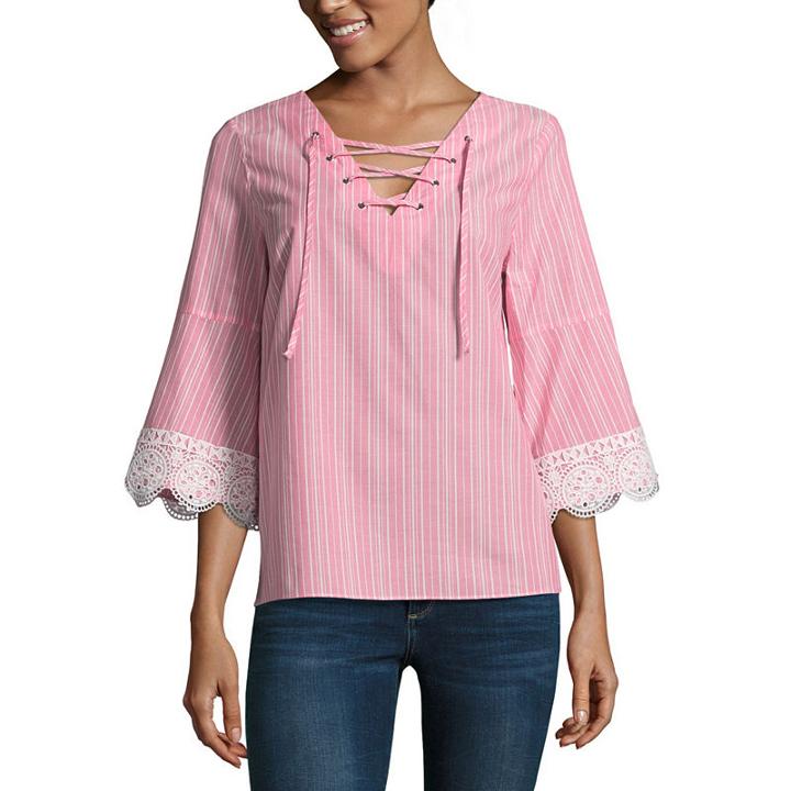 A.n.a 3/4 Sleeve Lace Up Stripe Blouse - Misses & Petite