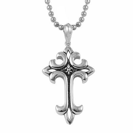 Mens Stainless Steel Fleur-de-lis Cross Pendant Necklace
