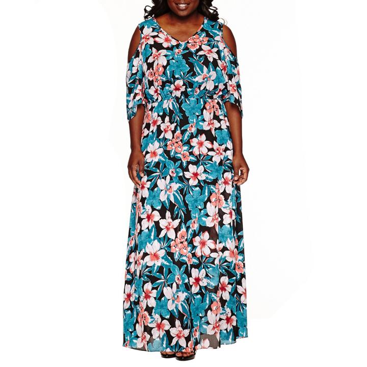 Boutique + Cold Shoulder Sleeve Maxi Dress-plus