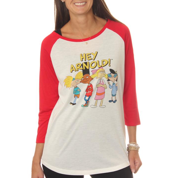 Nickelodeon Juniors' Hey Arnold! Group Shot Drapey3/4 Sleeve Graphic Baseball T-shirt