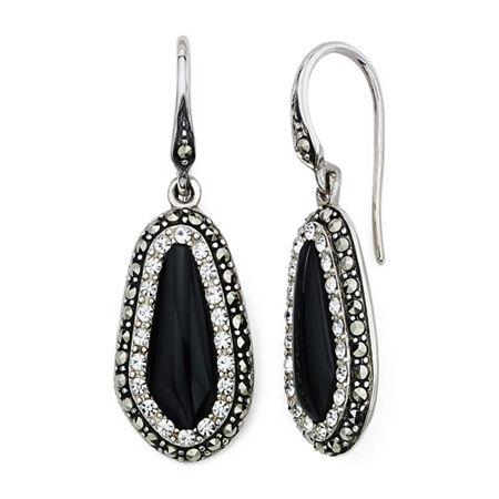 Genuine Onyx And Marcasite Sterling Silver Drop Earrings