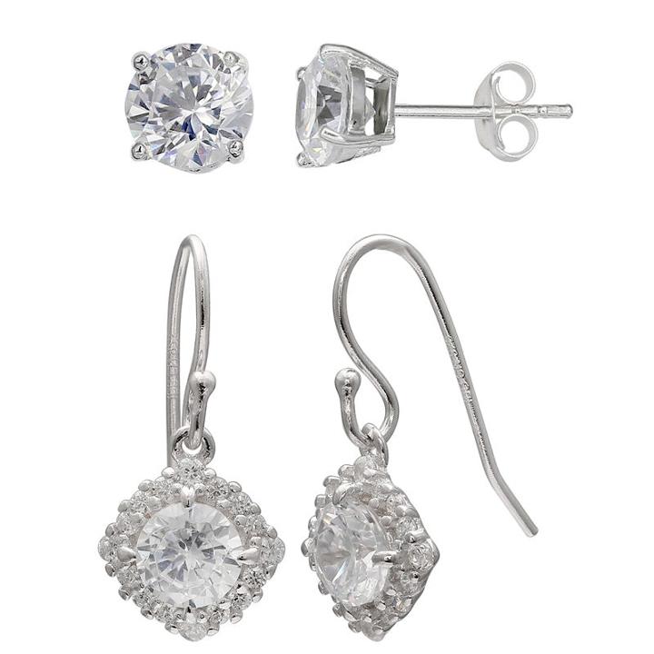 Silver Treasures 2 Pair Clear Sterling Silver Earring Sets