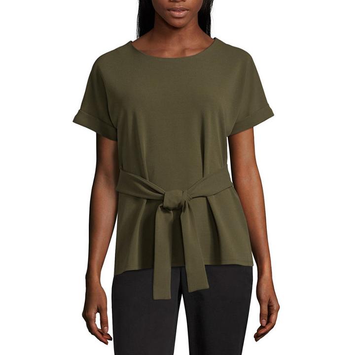 Worthington Short Sleeve Crew Neck Crepe Dots Blouse