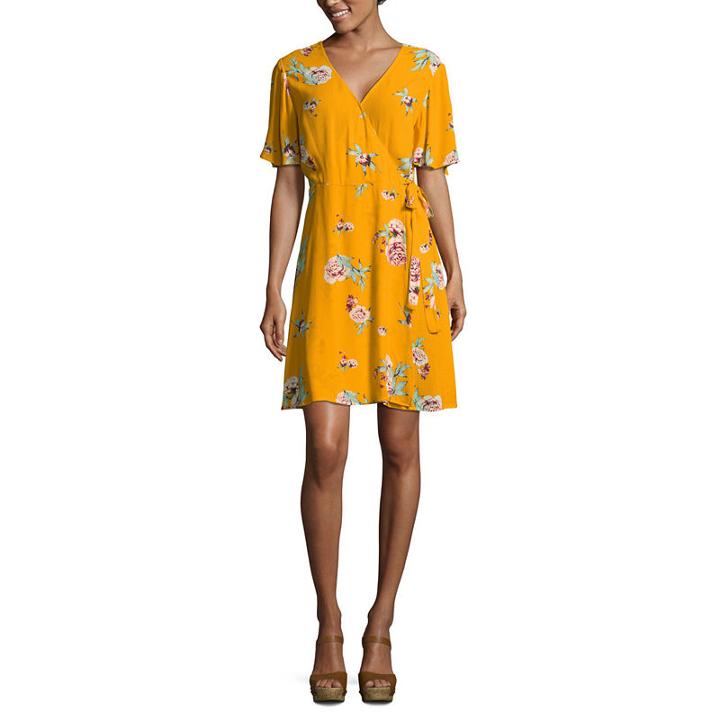 Rewind Short Sleeve Floral Wrap Dress-juniors