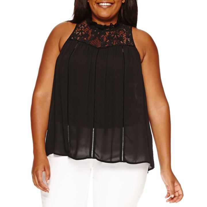 Worthington Sleeveless Mock Neck Woven Blouse-plus