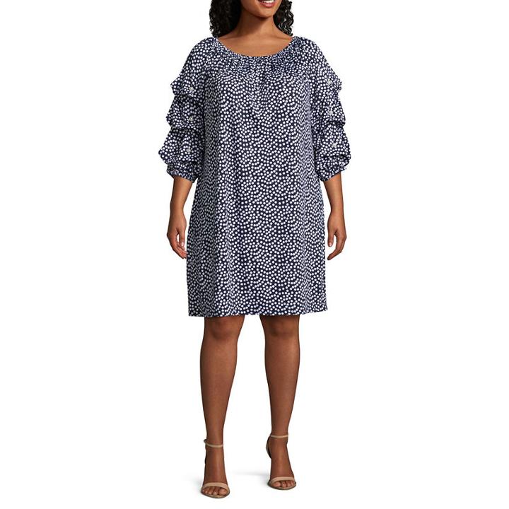 Msk 3/4 Sleeve Beaded Polka Dot Shift Dress - Plus