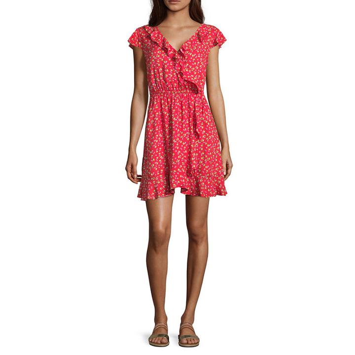 Arizona Short Sleeve Gingham Wrap Dress-juniors