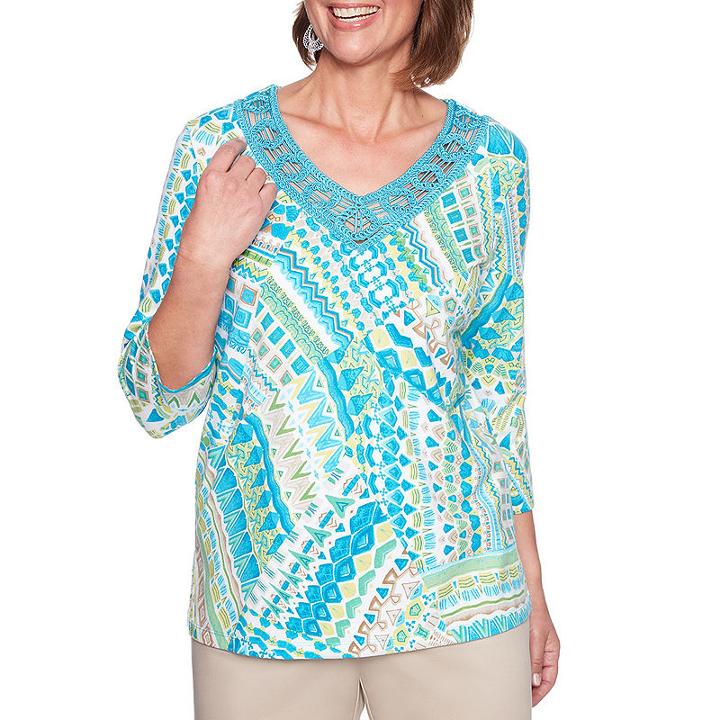 Alfred Dunner Scottsdale Short Sleeve V Neck Patchwork T-shirt-womens