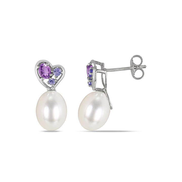 Cultured Freshwater Pearl, Genuine Amethyst And Genuine Tanzanite Earrings