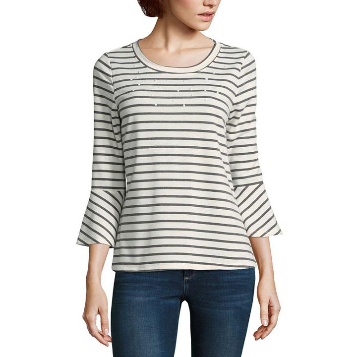 Como Blu 3/4 Bell Sleeve Pearl Embellished Stripe T-shirt-womens