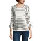 Como Blu 3/4 Bell Sleeve Pearl Embellished Stripe T-shirt-womens
