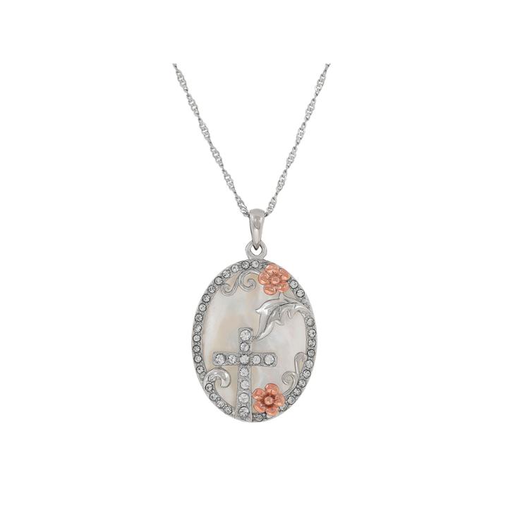 Womens Mother Of Pearl Sterling Silver Pendant Necklace With 14k Gold Over Silver Flowers