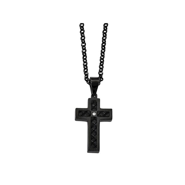 Mens Cubic Zirconia Stainless Steel & Black Leather Cross Pendant
