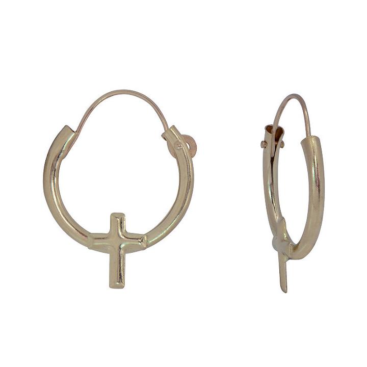 14k Gold 12mm Cross Hoop Earrings